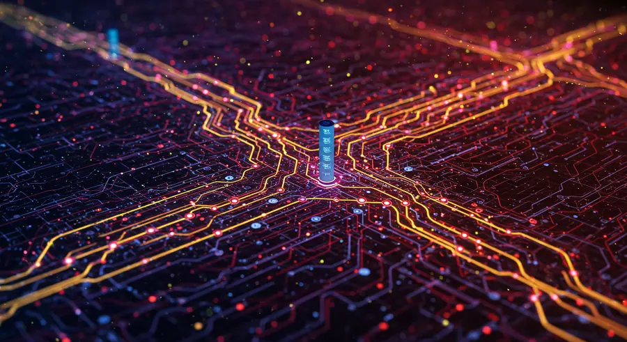 Abstract visualization of data flowing through a network, with glowing nodes representing monitoring points and performance metrics, related to Apache Kafka cluster optimization.